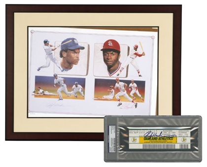 Rickey Henderson and Lou Brock Signed Lithograph With Rickey Henderson Signed Record Breaking Ticket